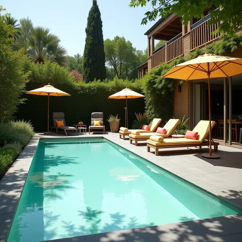 a photo of a vibrant poolside garden with Scandinavian decor elements and sun loungers