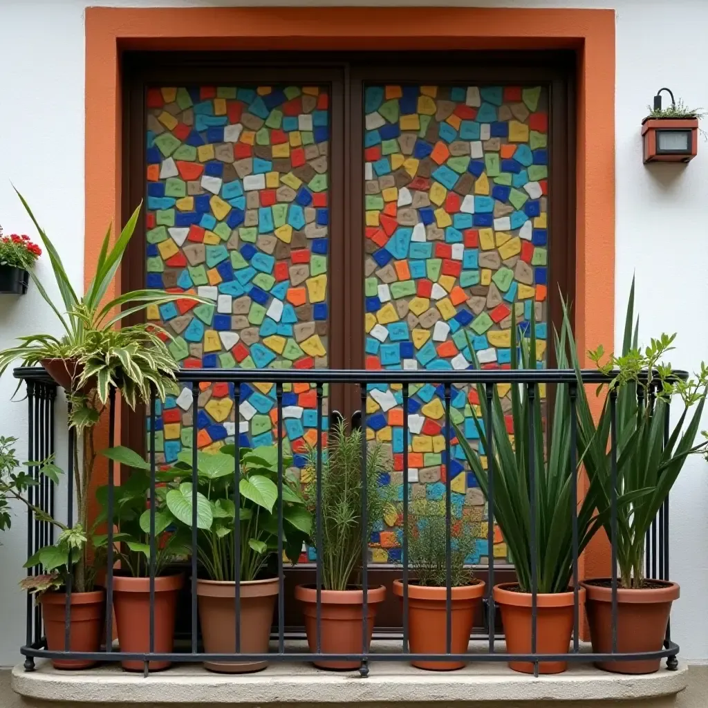 a photo of a balcony showcasing a colorful mosaic wall and plants