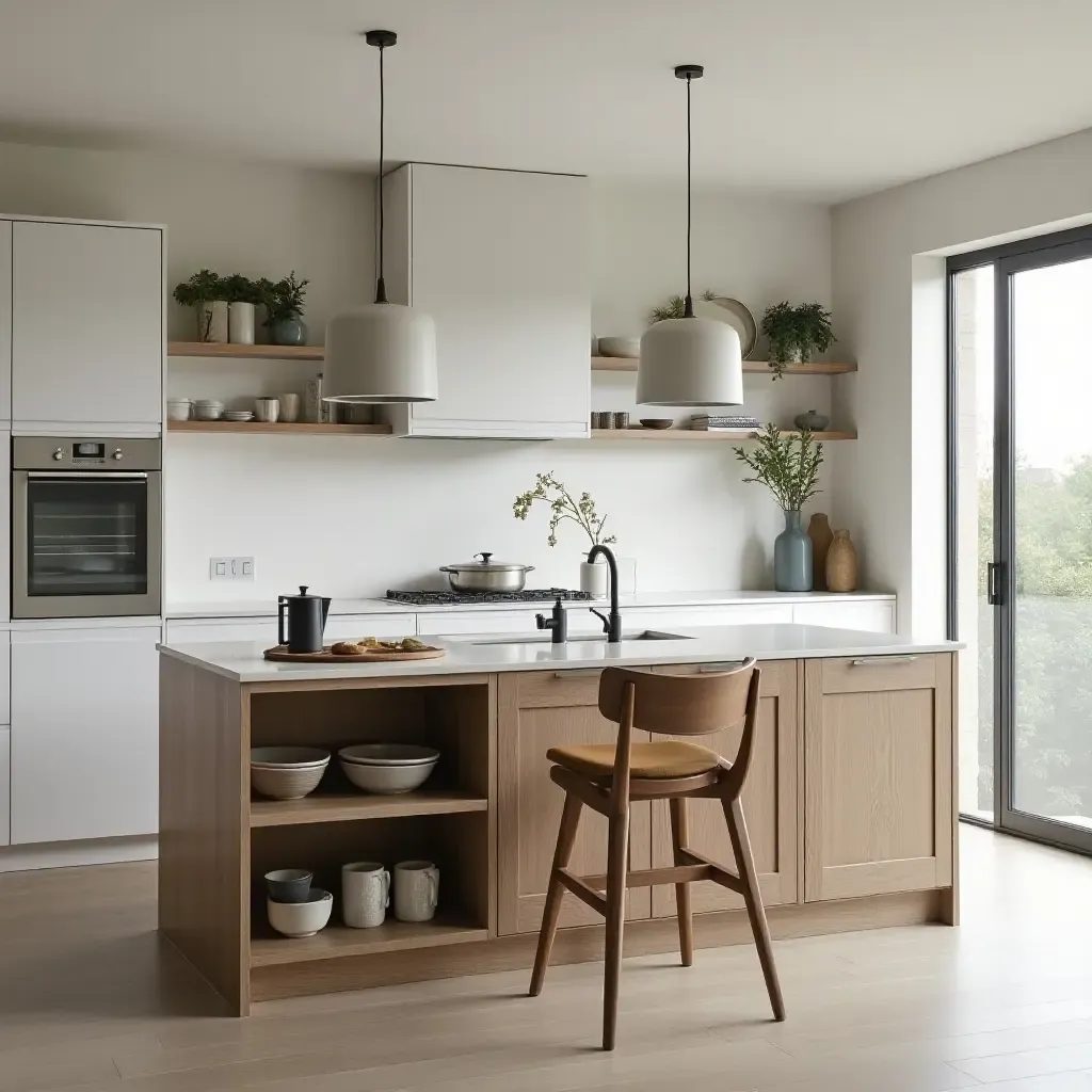 a photo of a chic kitchen island with a breakfast bar and organized storage