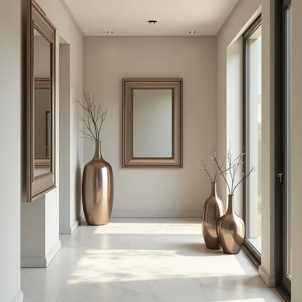 a photo of a modern corridor showcasing metallic vases and elegant wall mirrors