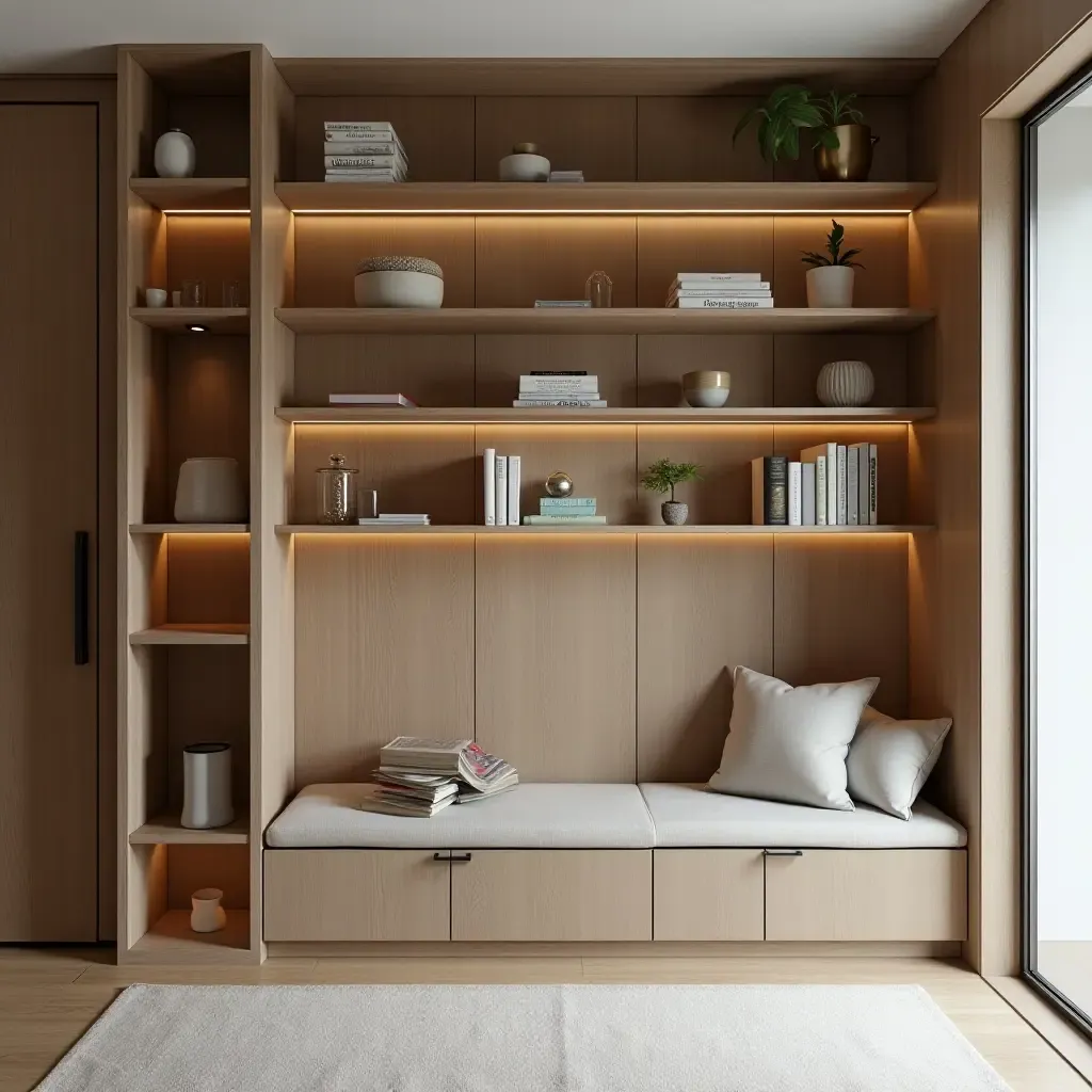 a photo of an entrance hall with artistic shelving and a cozy reading nook