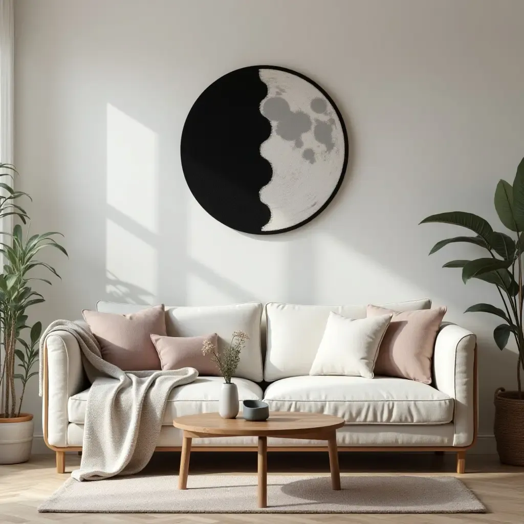 a photo of a living room featuring a moon phase wall hanging