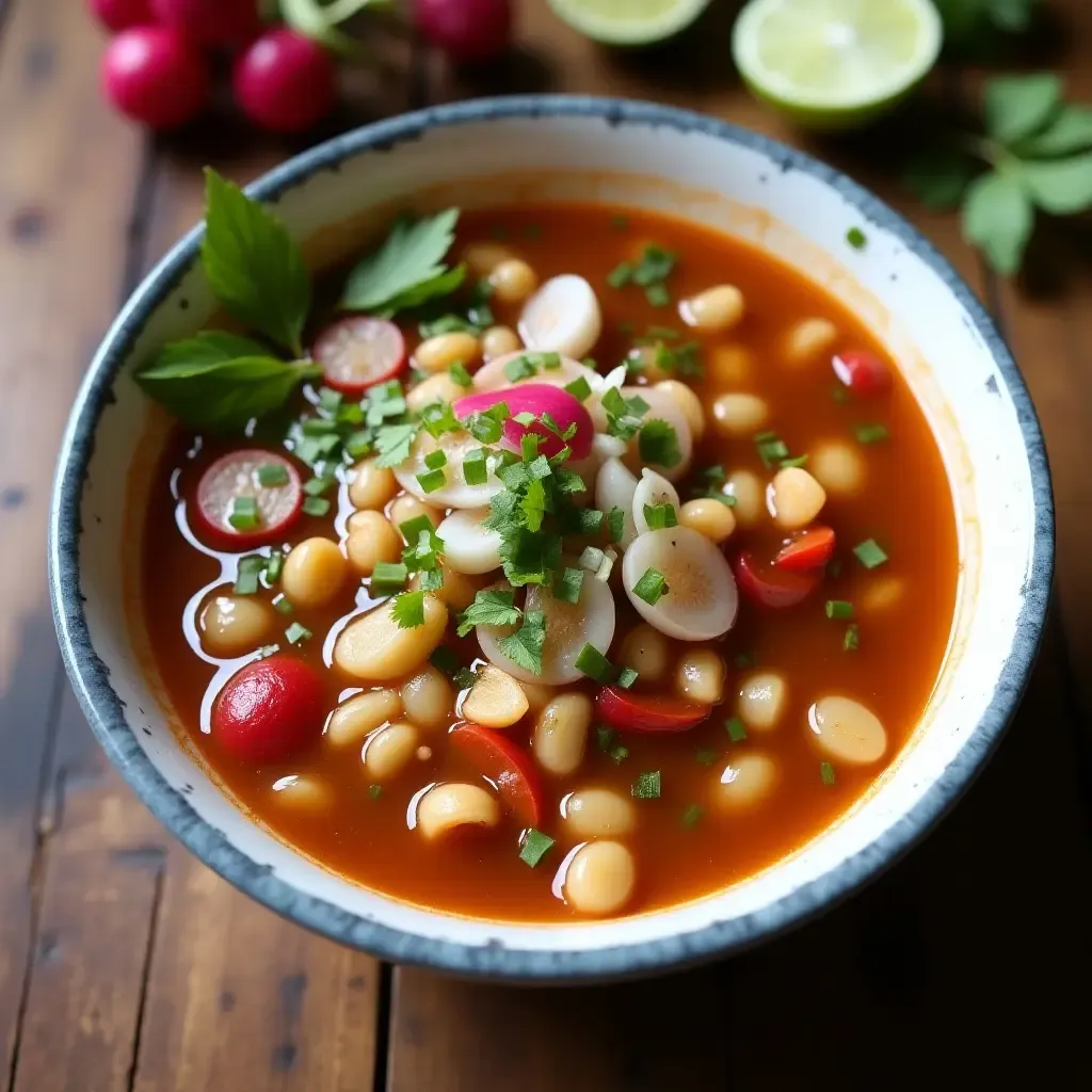 a photo of hearty vegetarian pozole with hominy, radishes, and lime