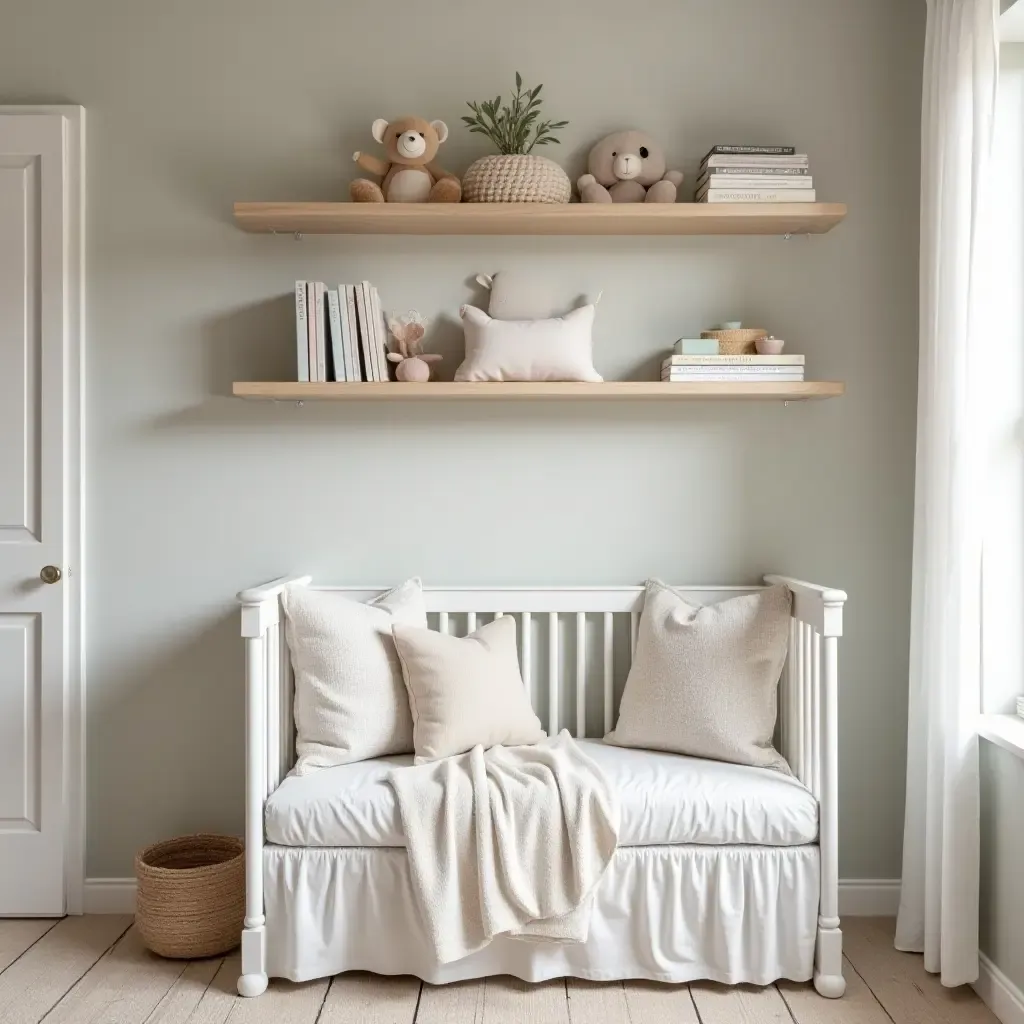 a photo of a nursery shelf showcasing a reading nook with cozy cushions and books