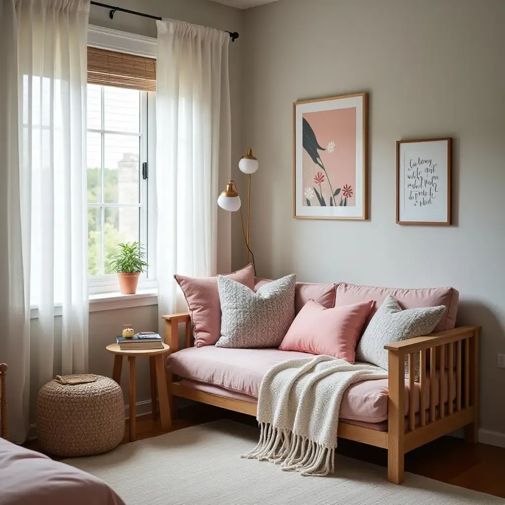 a photo of a cozy reading nook with DIY cushions and blankets in a teen&#x27;s room