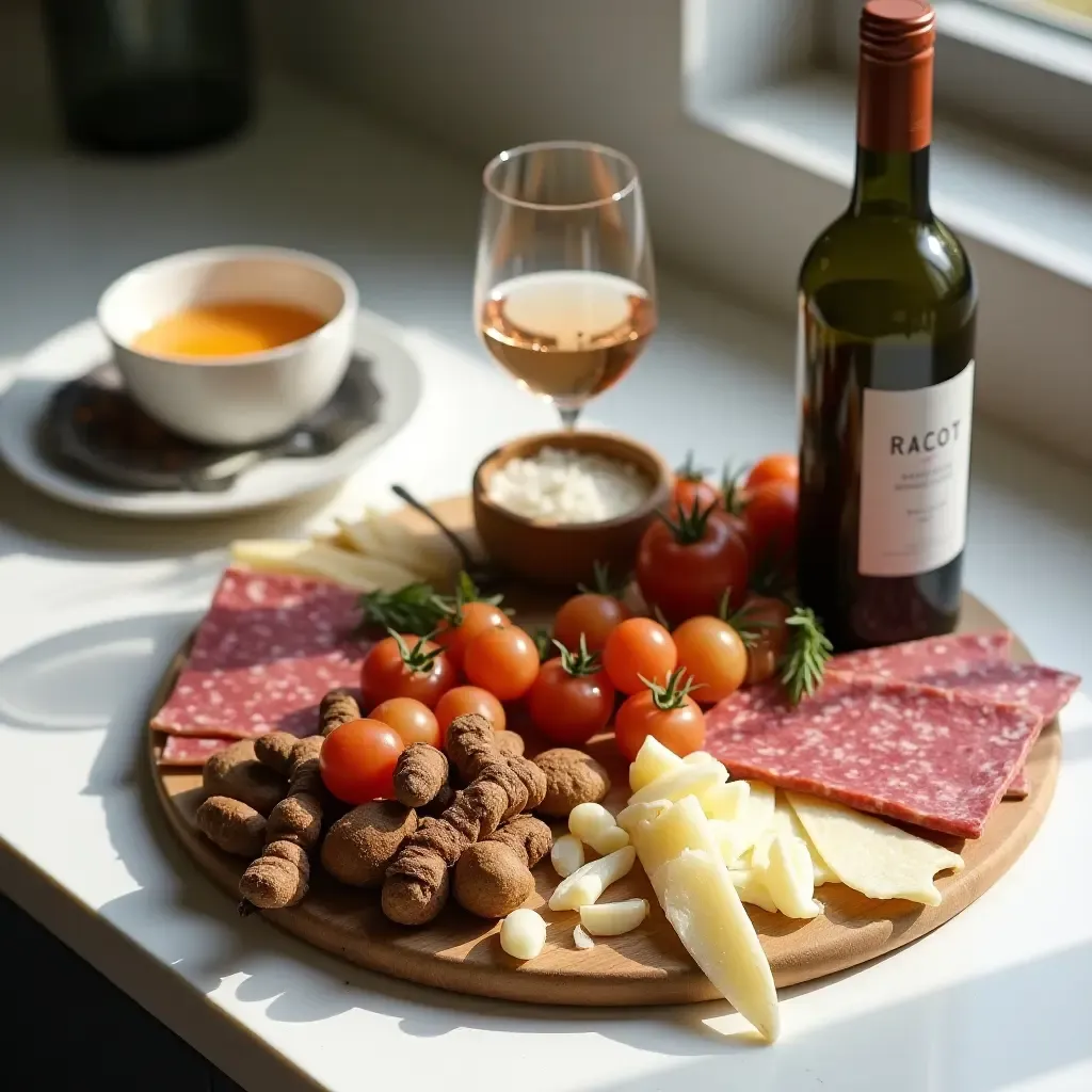 a photo of a countertop with a creative charcuterie board setup for entertaining