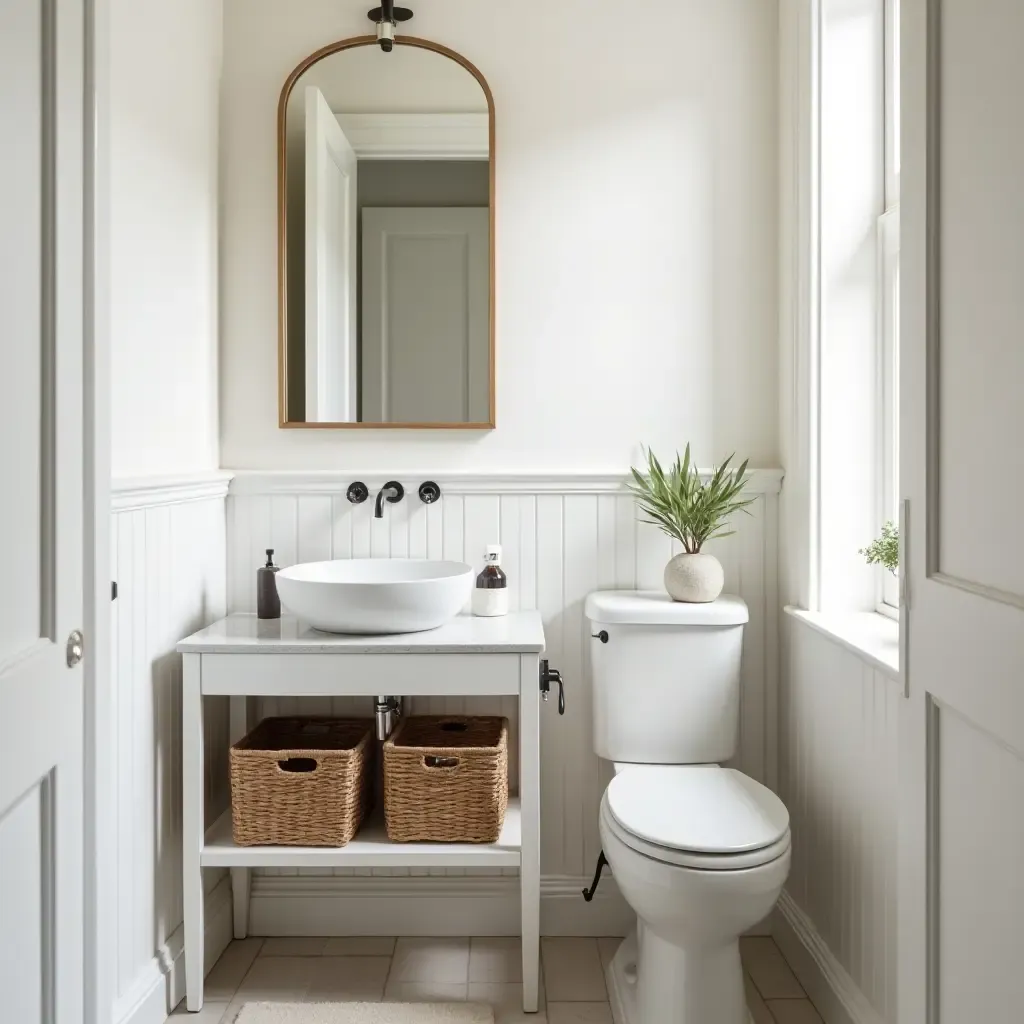 a photo of a small bathroom with a chic sink and clever storage baskets