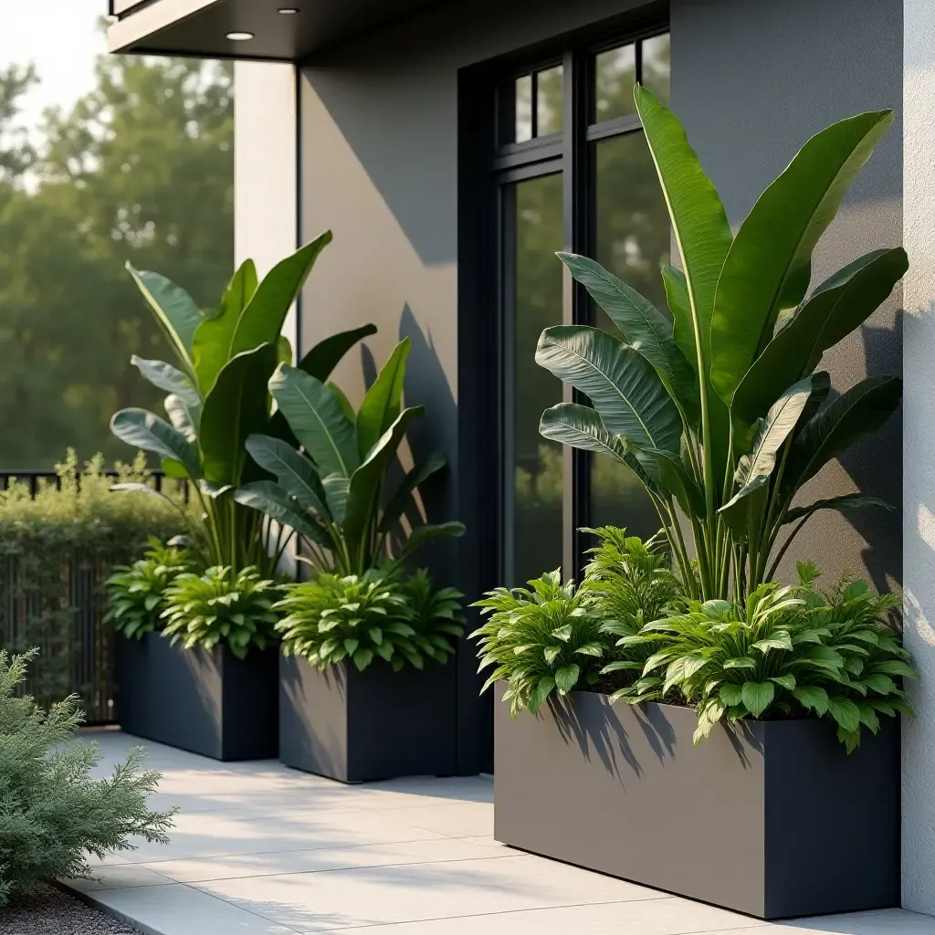 a photo of a modern balcony with sleek planters and tropical plants