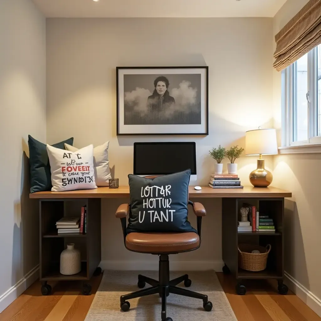 a photo of a basement study area with motivational throw pillows on an office chair