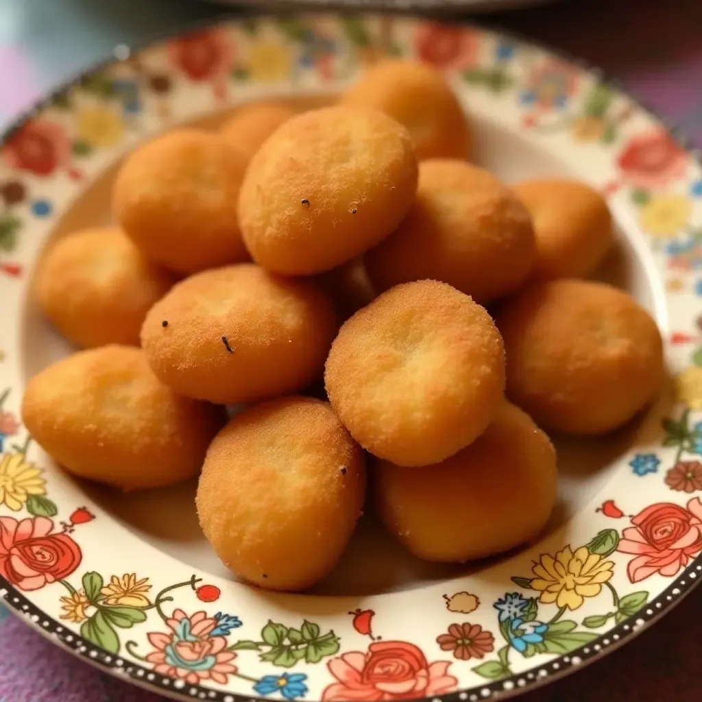 a photo of freshly fried buñuelos, dusted with cinnamon sugar, served on a festive plate.