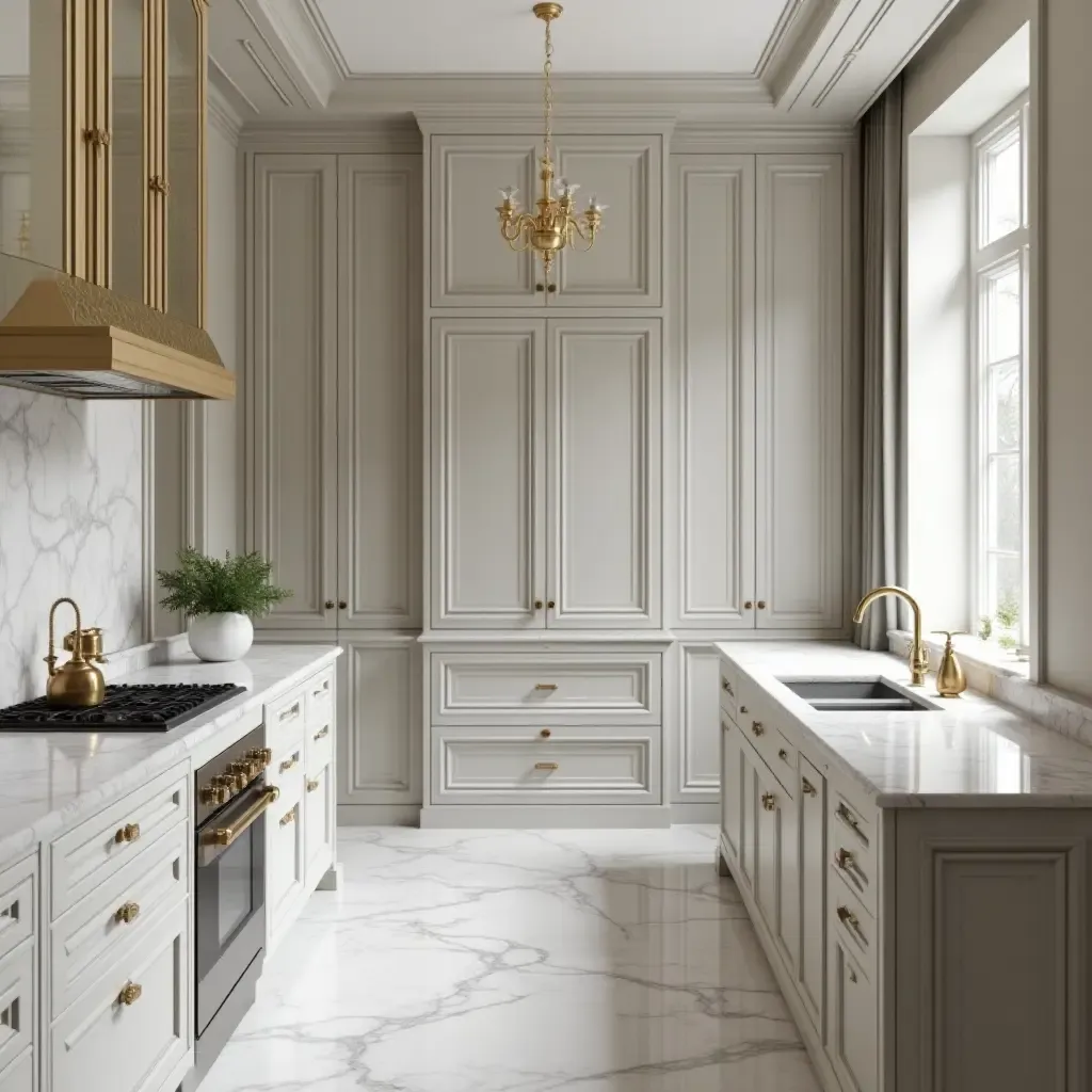 a photo of a luxurious kitchen with marble countertops and gold fixtures