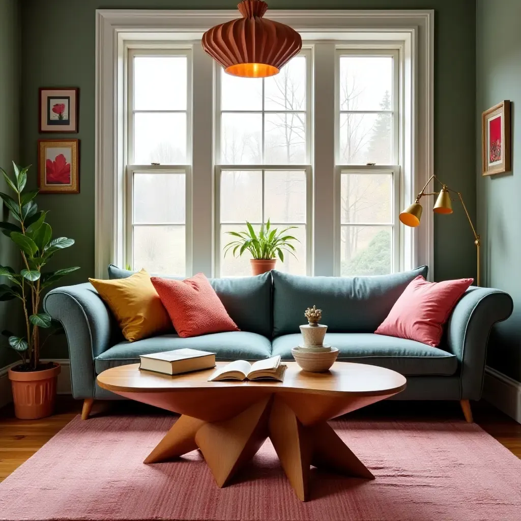 a photo of a reading nook featuring a unique coffee table and colorful decor