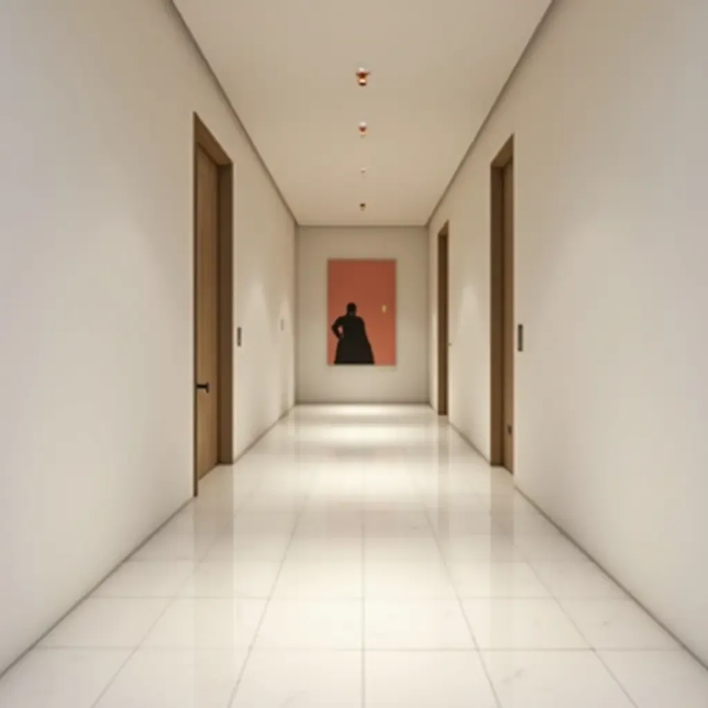 a photo of a minimalist corridor with a serene color scheme and artwork