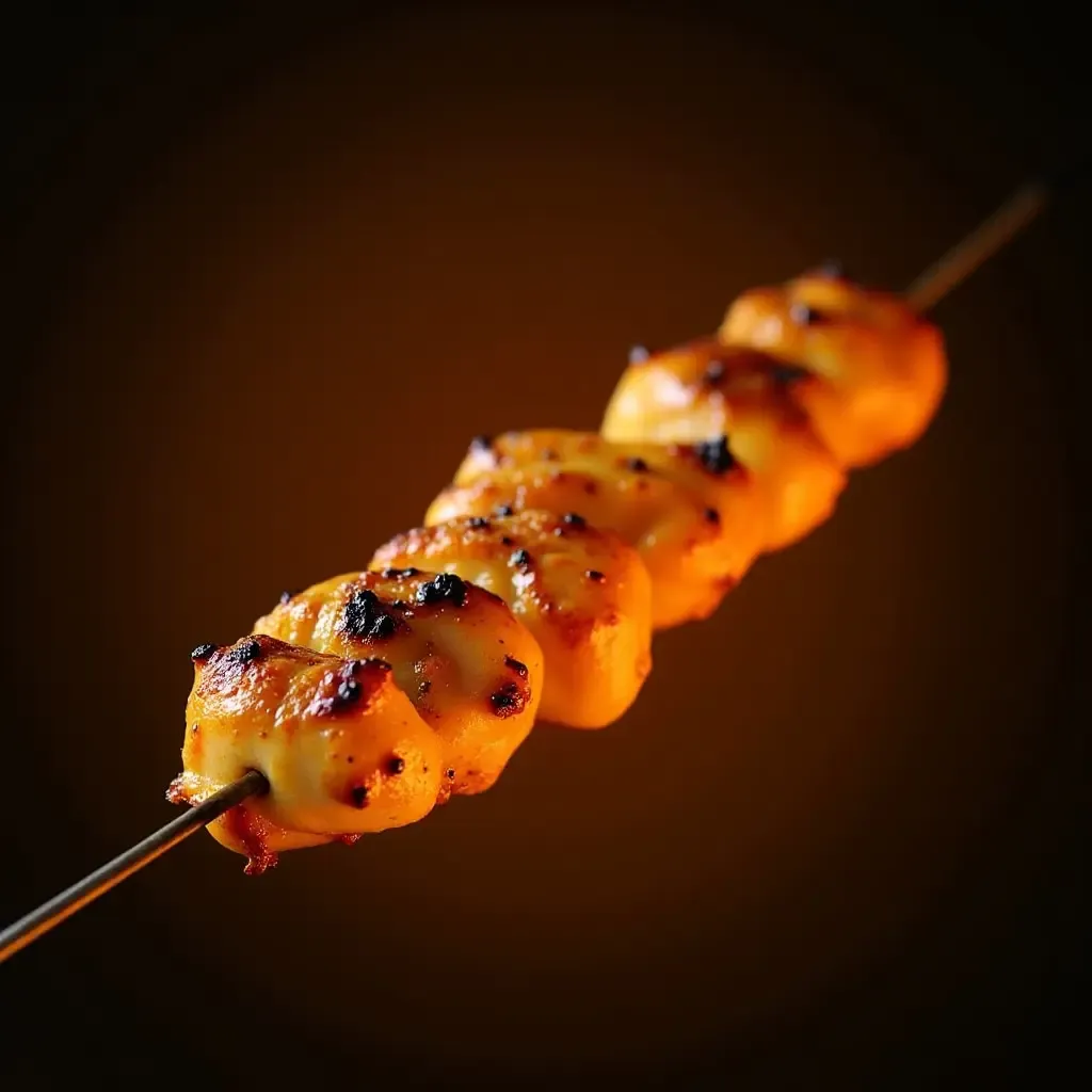 a photo of saffron-spiced chicken skewers grilling over an open flame.