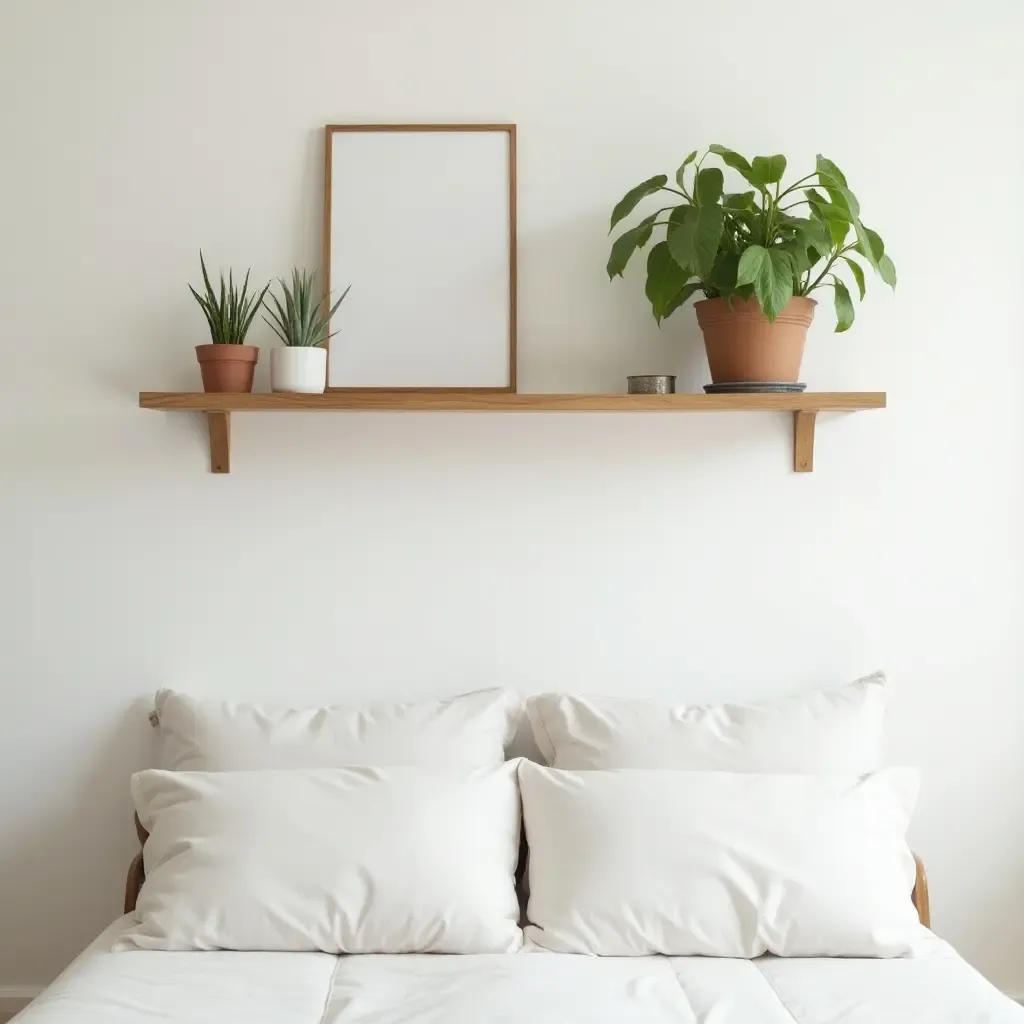 a photo of a minimalist wooden shelf with plants above a bed