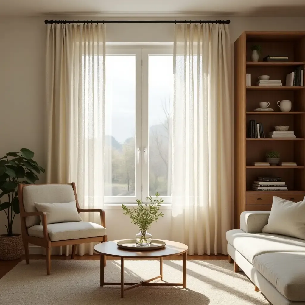 a photo of a living room with lace curtains and a wooden bookshelf