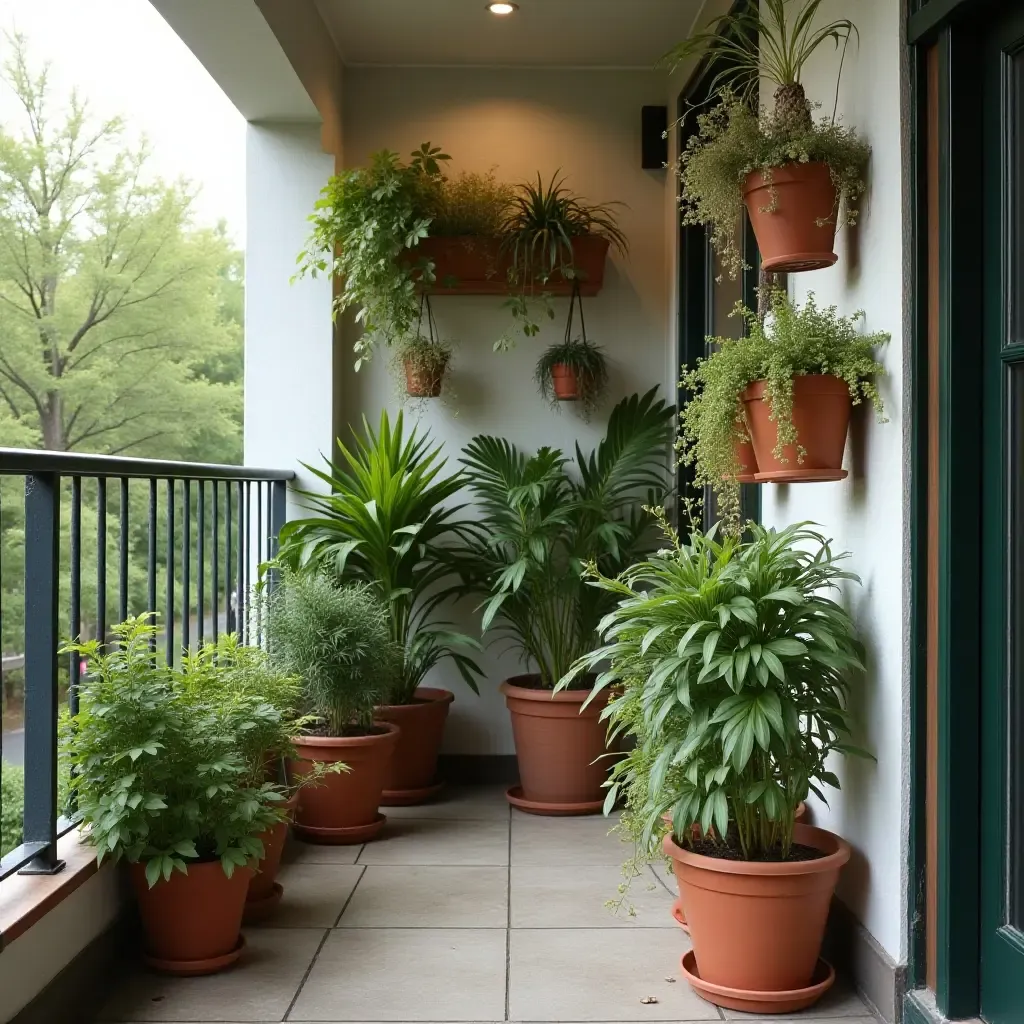 a photo of a balcony with a vertical garden and hanging pots