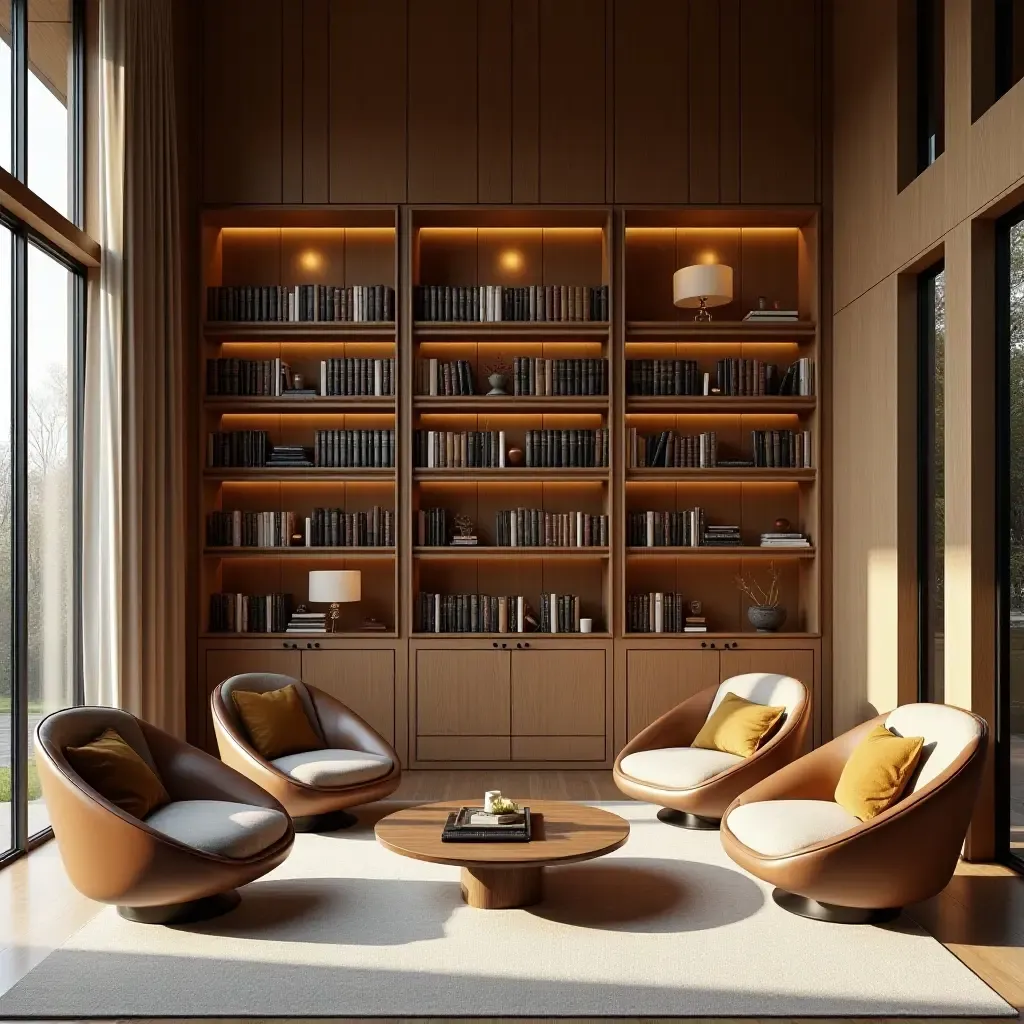 a photo of a library with wooden accents and large, comfy chairs