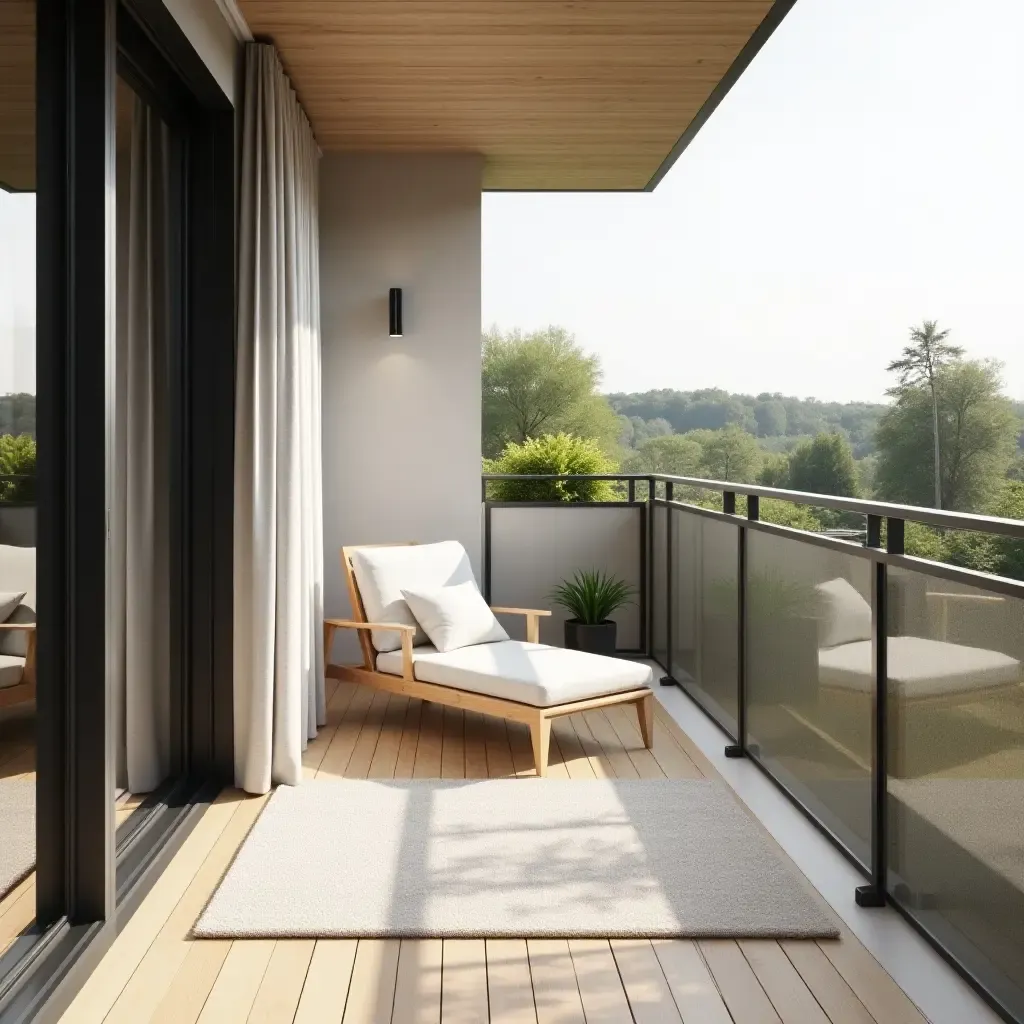 a photo of a minimalist balcony combining neutral fabric, light wood, and dark metal elements