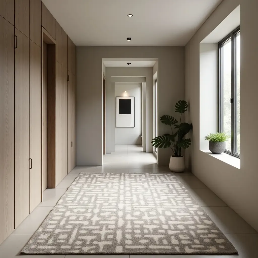 a photo of a geometric patterned rug in a modern corridor