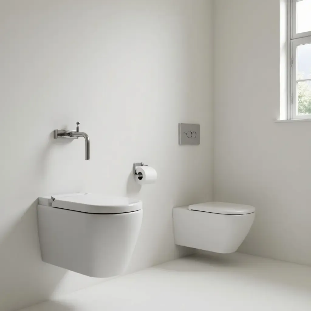 a photo of a minimalist bathroom featuring a wall-mounted toilet and sink