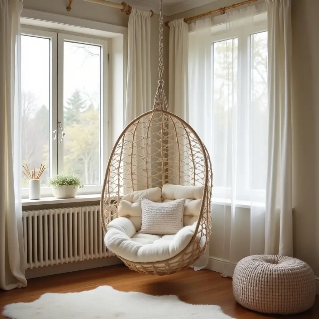 a photo of a cozy corner with a hammock chair in a kid&#x27;s room