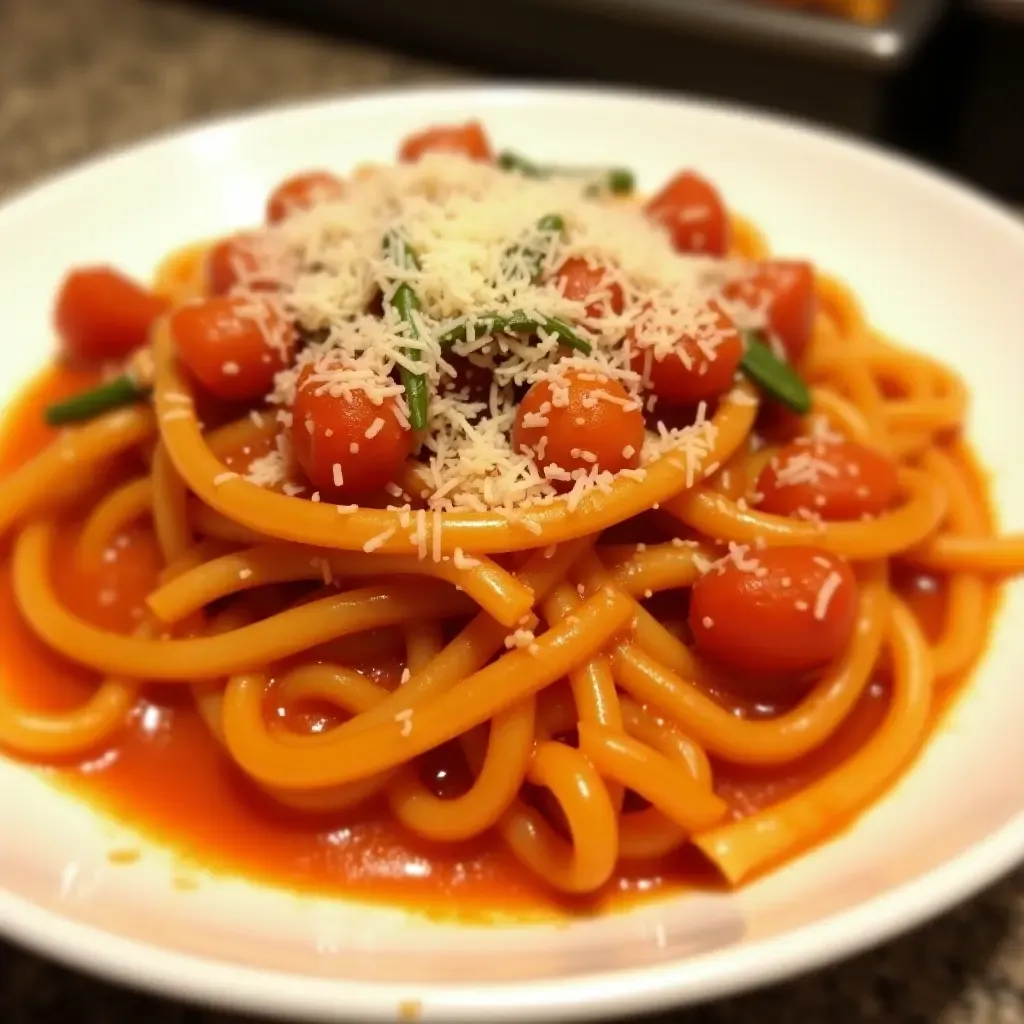 a photo of a pasta dish with umami-rich tomato sauce and grated Parmesan cheese.