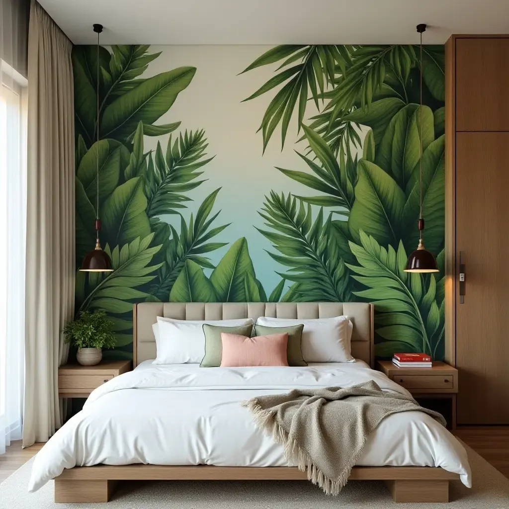 a photo of a botanical wall mural behind a bed in a tropical-themed bedroom