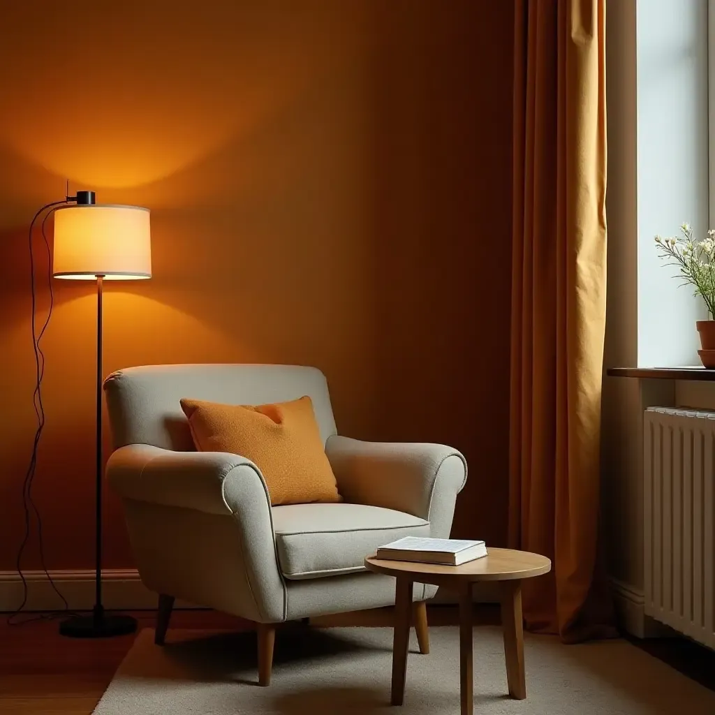 a photo of a reading nook with a soft armchair, lamp, and warm wall colors