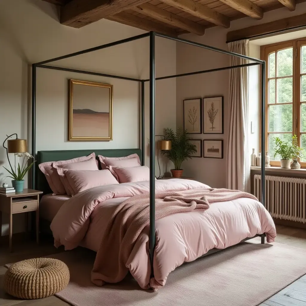 a photo of a rustic bedroom blending dusty pink and green elements