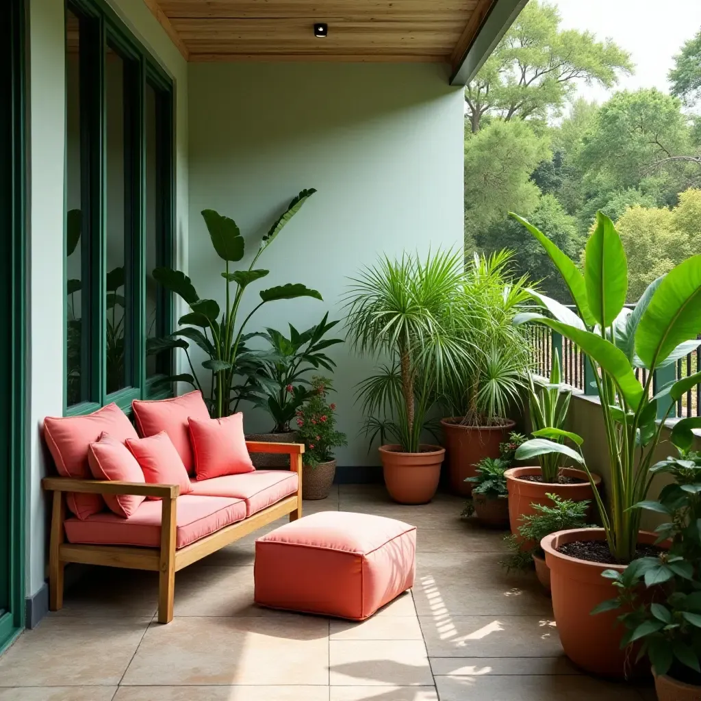 a photo of a tropical balcony featuring vibrant green and coral decor