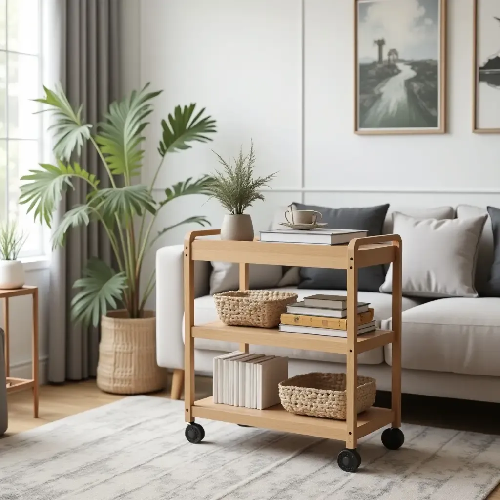 a photo of a creative DIY storage cart in a trendy living room