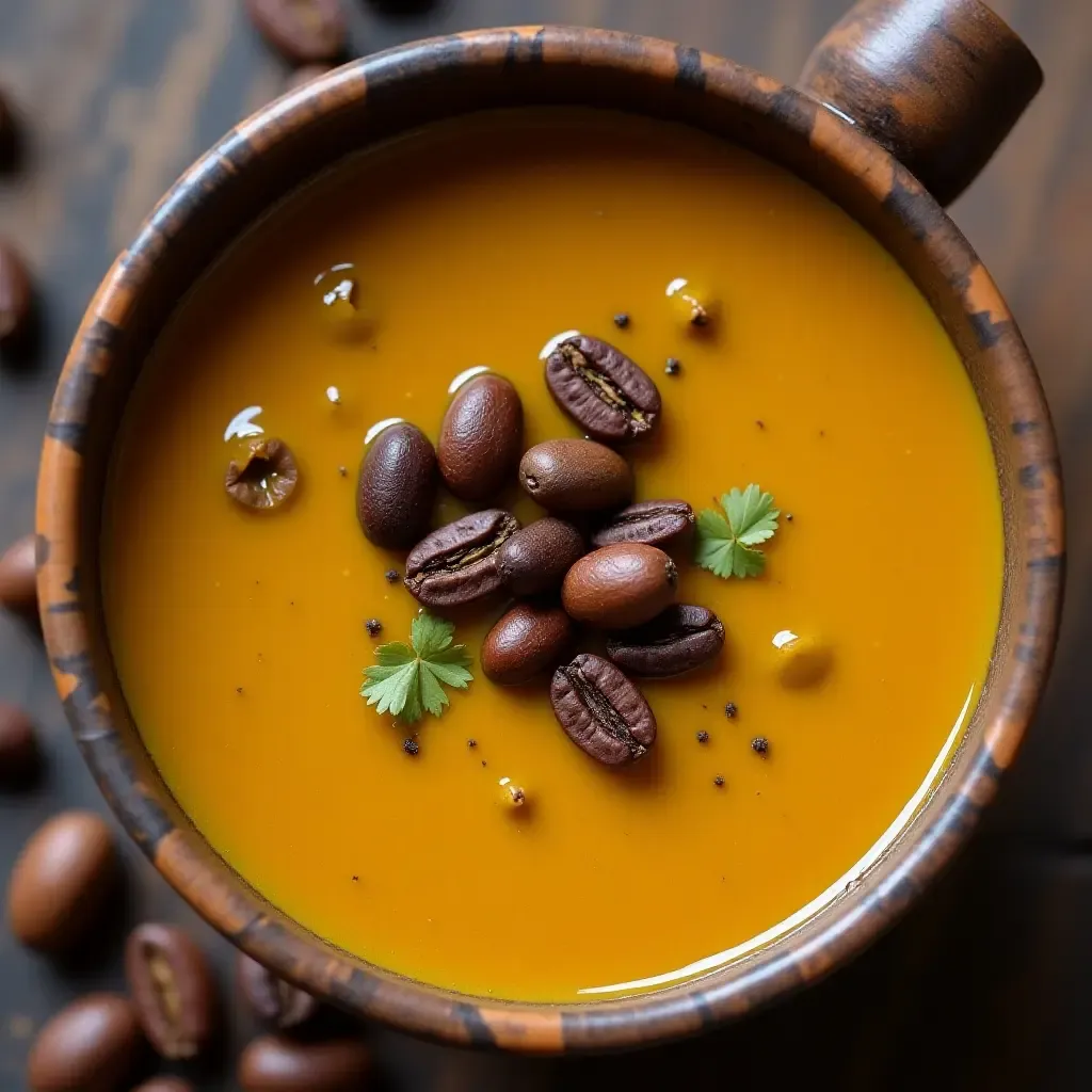 a photo of curry infused with coffee beans, served in a rustic bowl.