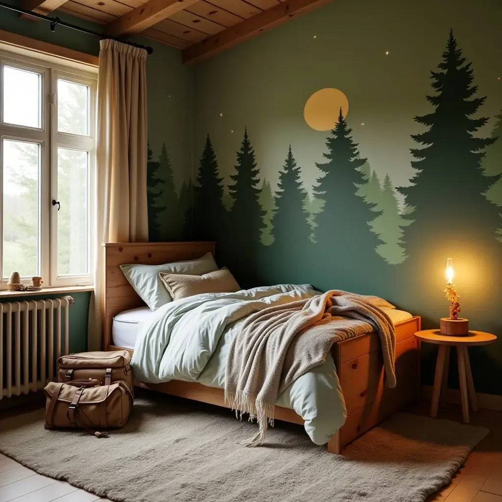 a photo of a nature explorer-themed bedroom with adventure gear