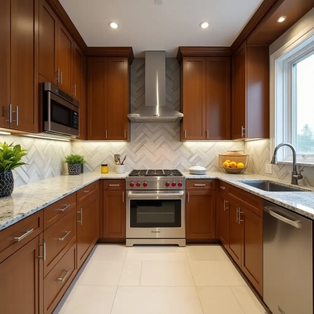 a photo of a stylish kitchen with wood cabinets, granite countertops, and stainless steel appliances