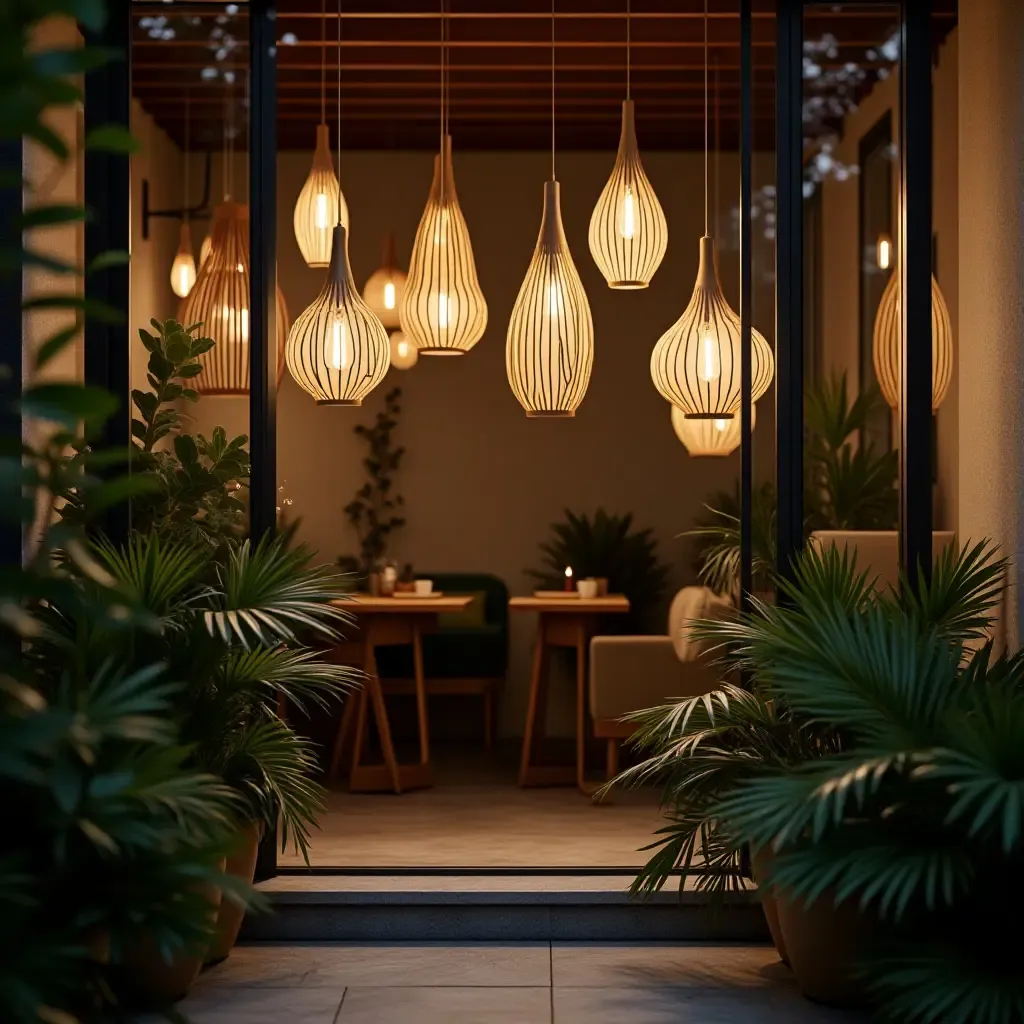 a photo of a balcony with artistic pendant lights and greenery