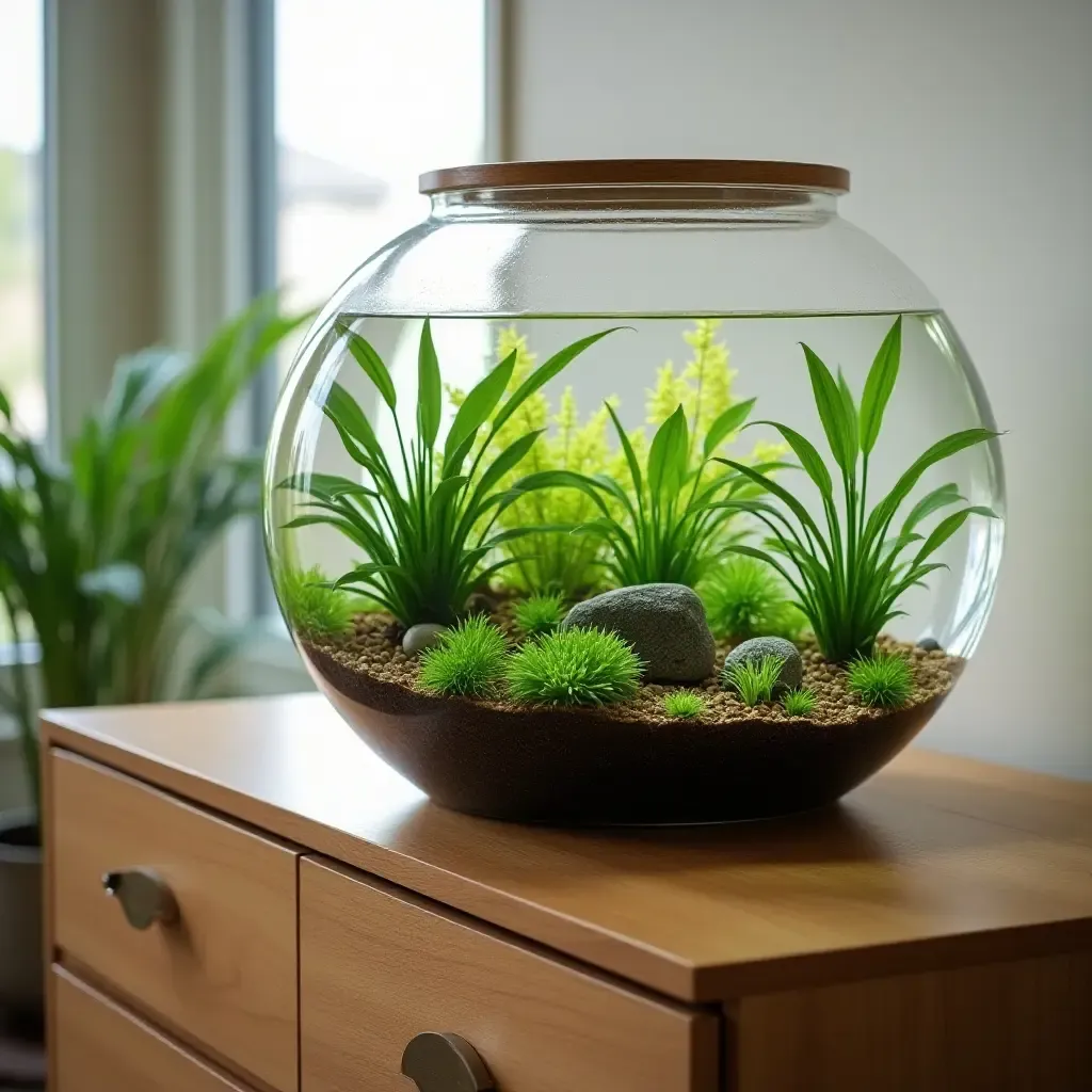 a photo of a decorative fishbowl containing aquatic plants on a dresser