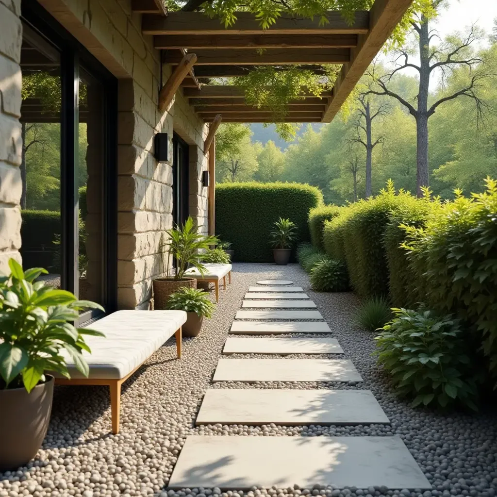 a photo of a serene balcony with a stone pathway and pebbles