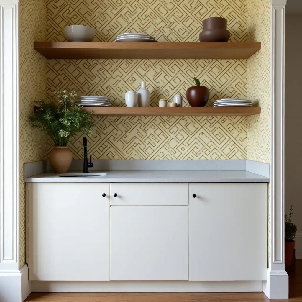 a photo of open shelving styled with bold patterned wallpaper in the background