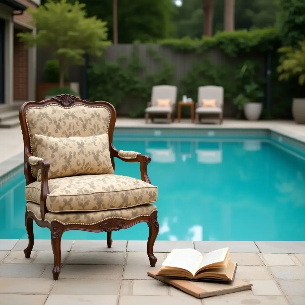 a photo of a vintage armchair with a book beside the pool