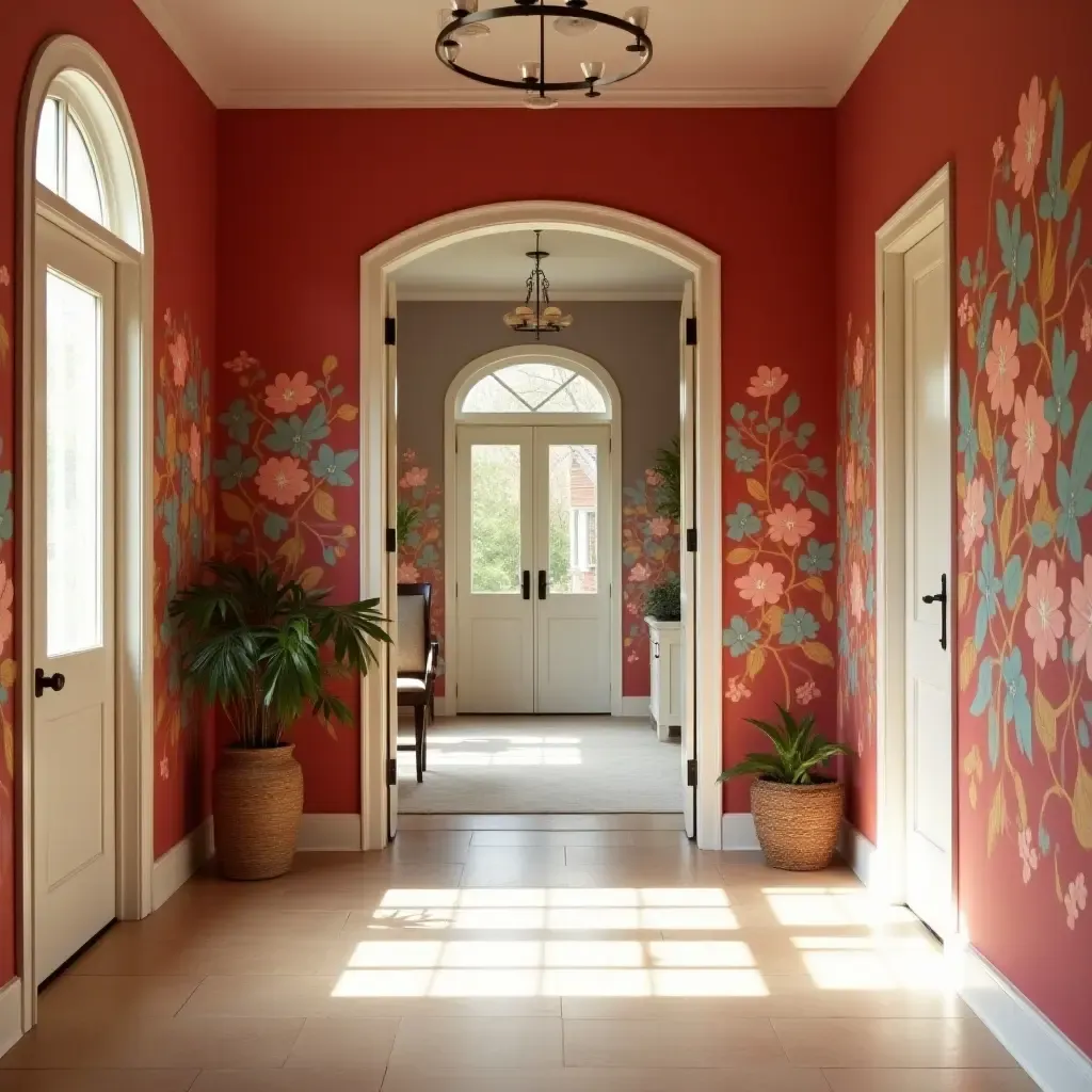 a photo of a bold crimson and cream entryway with artistic wall murals