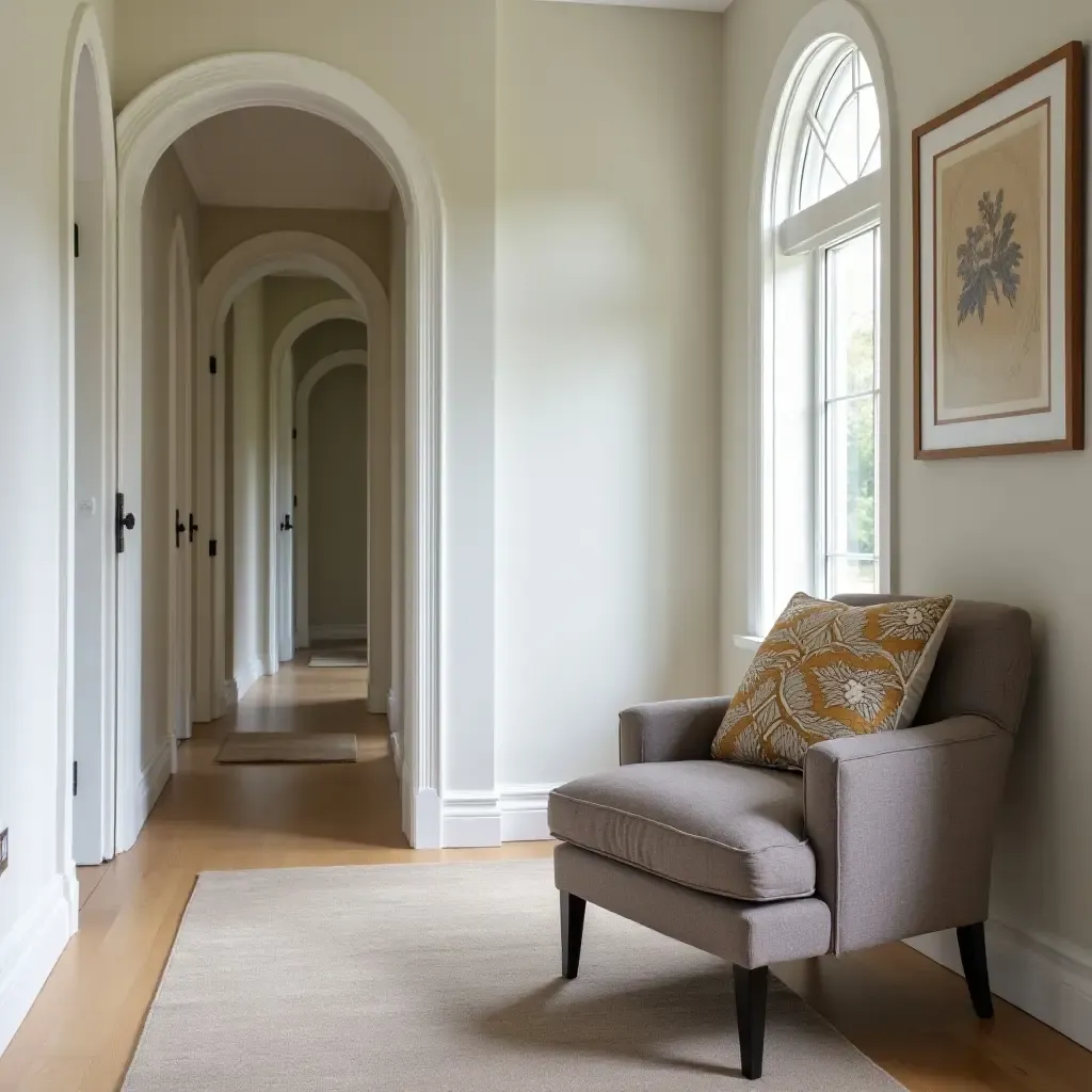 a photo of a stylish corridor accented by patterned throw pillows on a chair