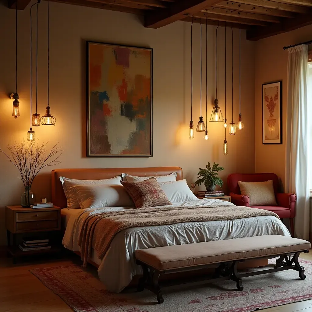 a photo of a bohemian bedroom adorned with eclectic pendant lights