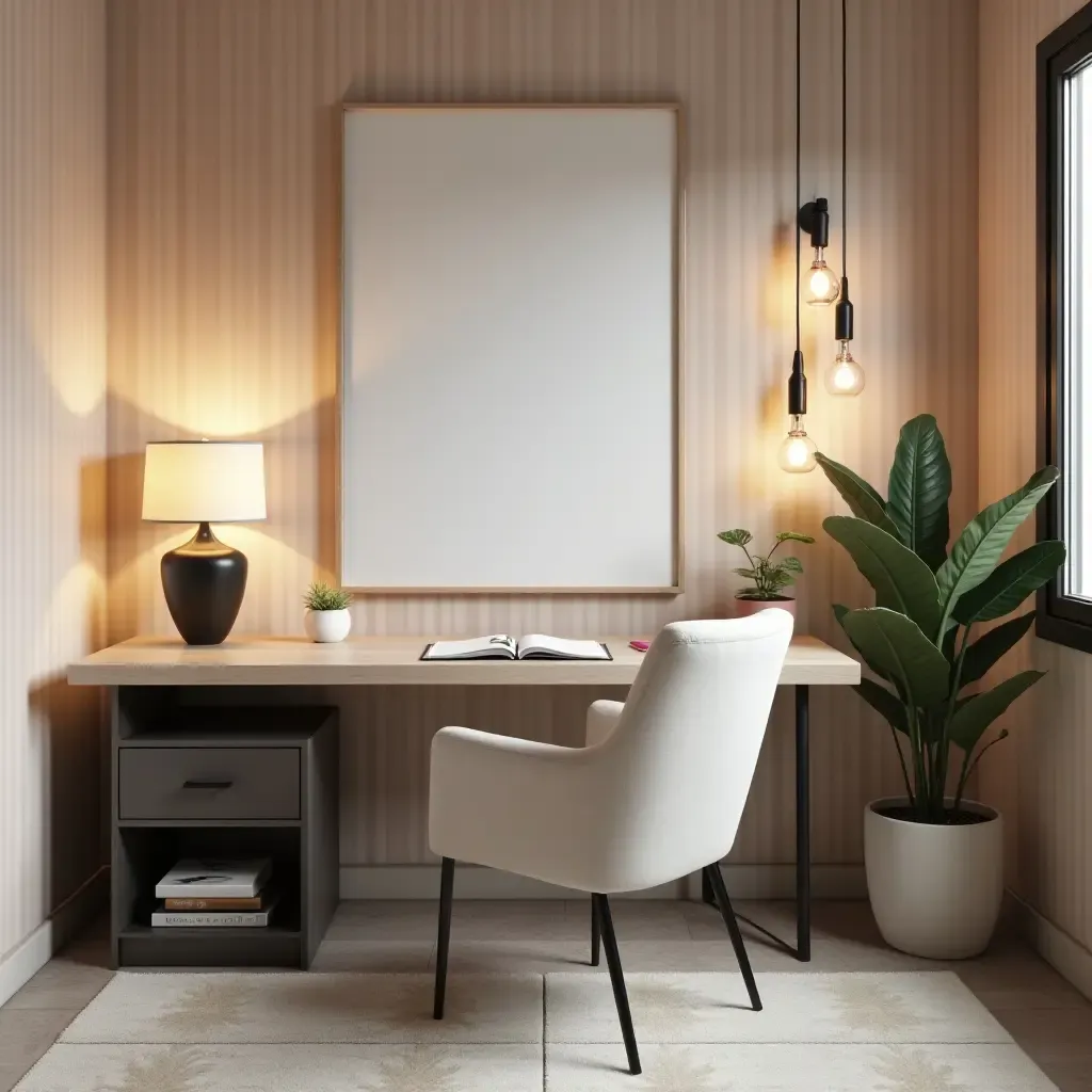 a photo of a chic teen room with a modern desk and elegant lighting fixtures