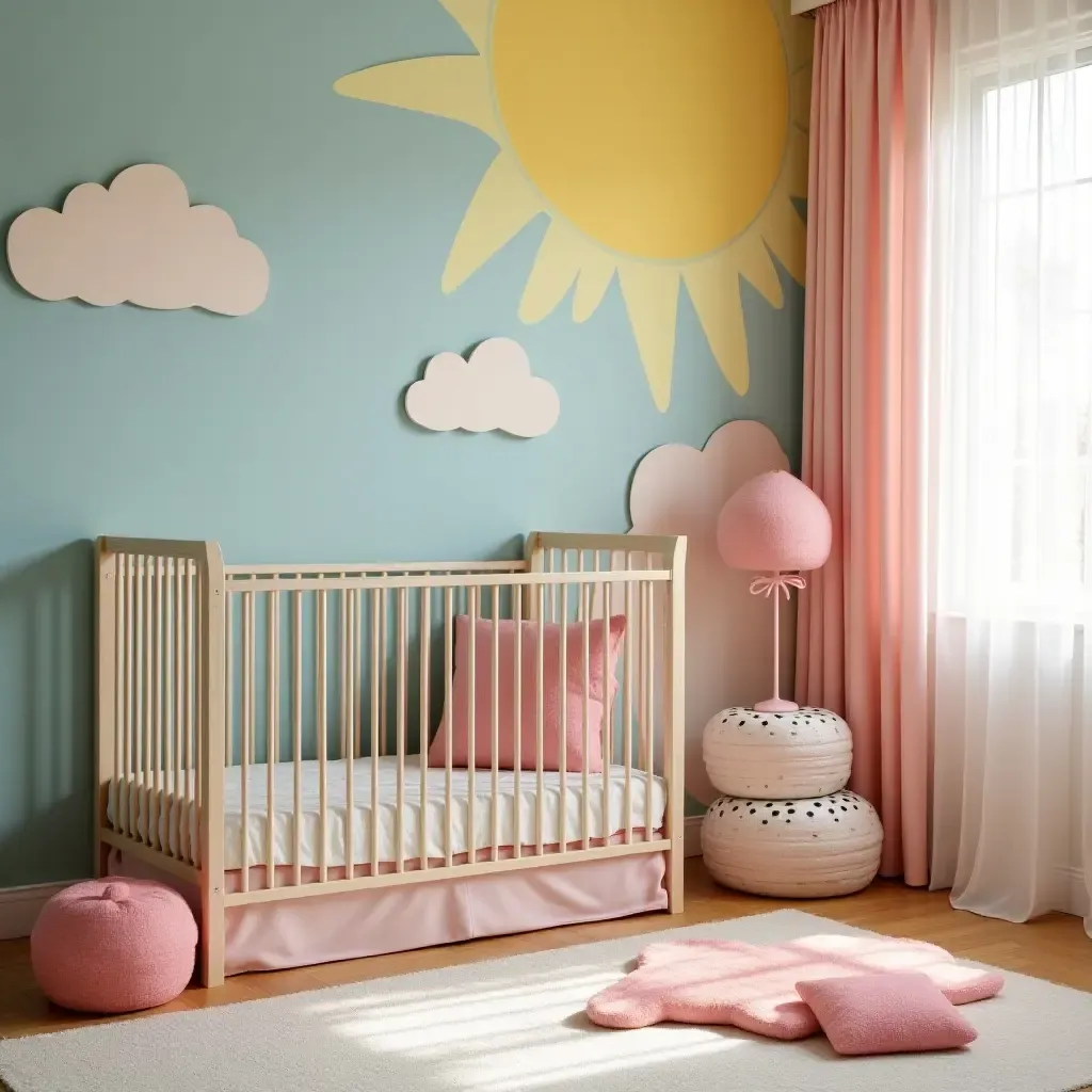 a photo of a colorful nursery with mirrored furniture pieces