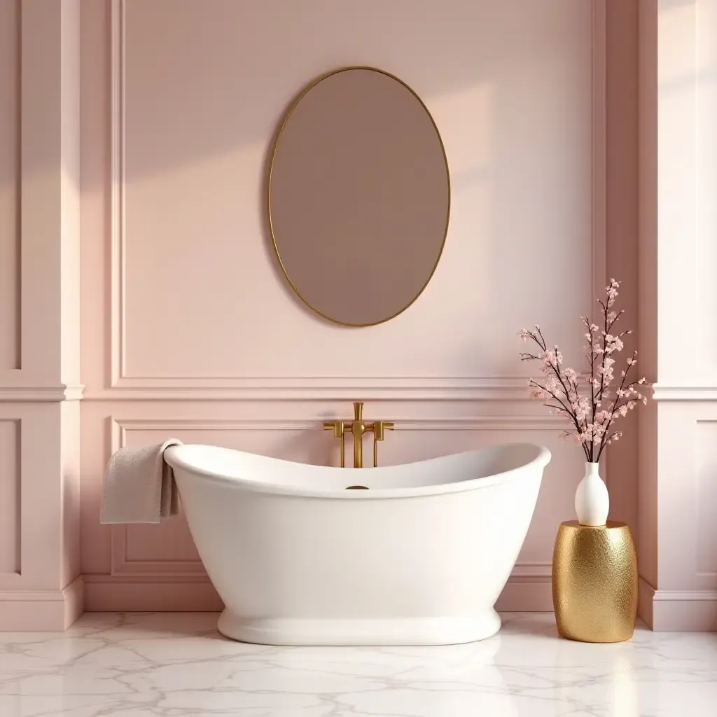 a photo of a chic blush pink and gold bathroom with glamorous decor