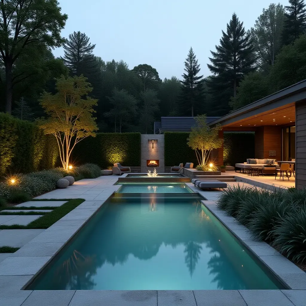 a photo of a pool area featuring a modern water feature and landscaping