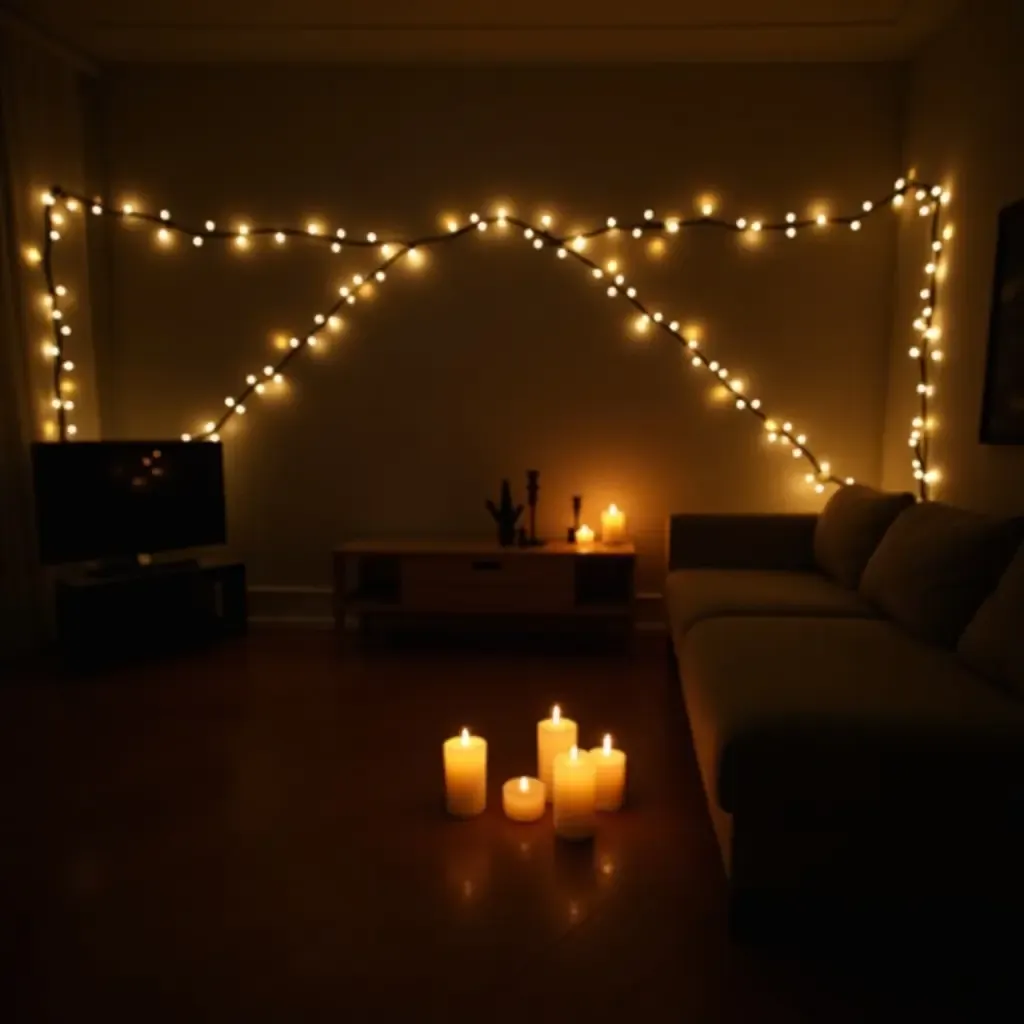 a photo of a living room decorated with whimsical fairy lights and candles