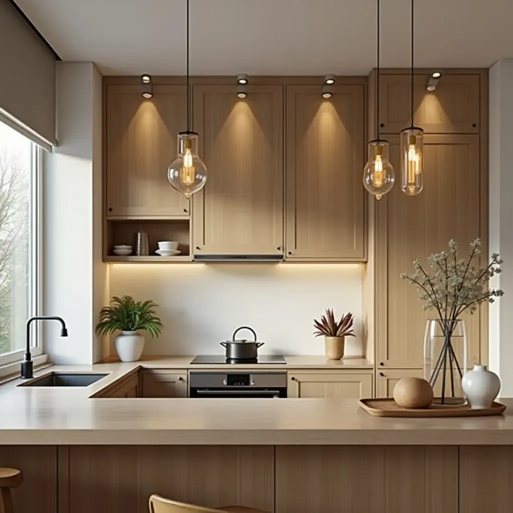 a photo of a kitchen with wooden light fixtures