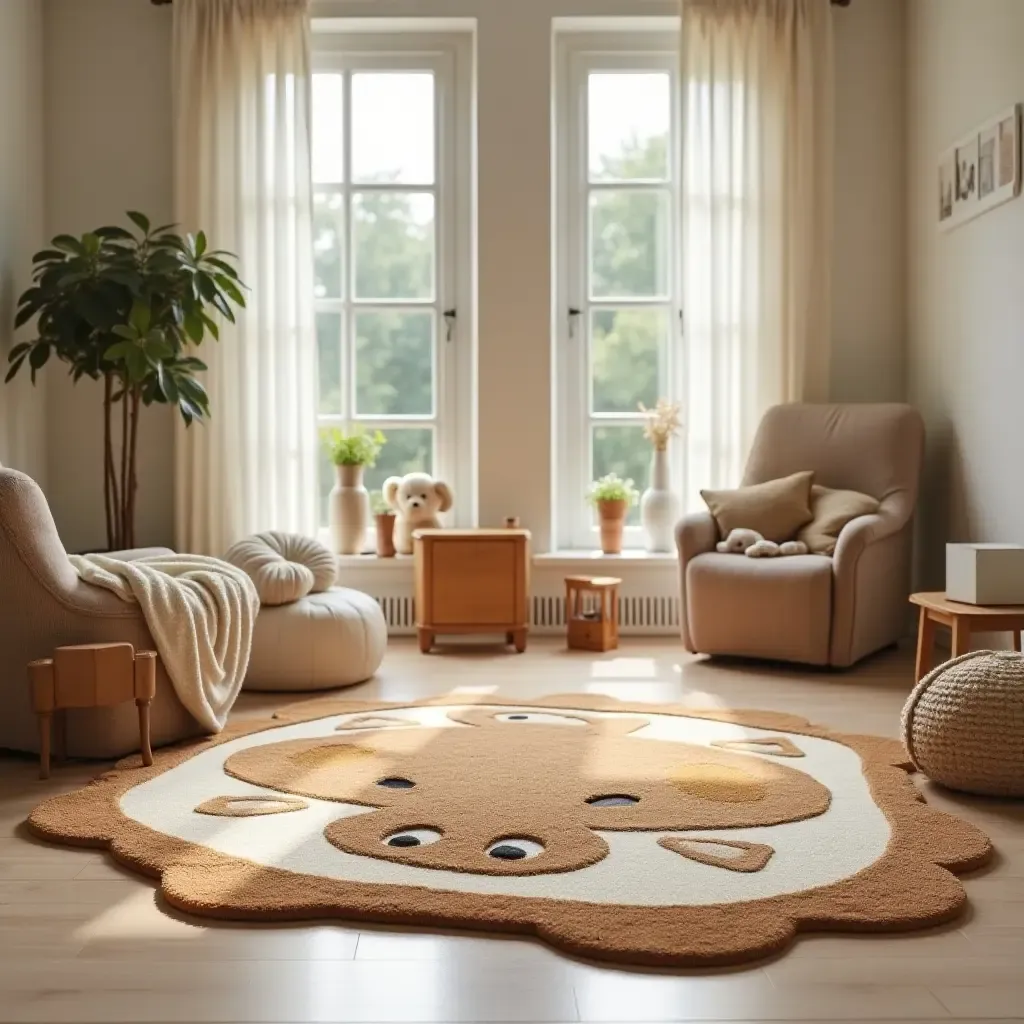 a photo of a playful animal-shaped rug in a family-friendly space